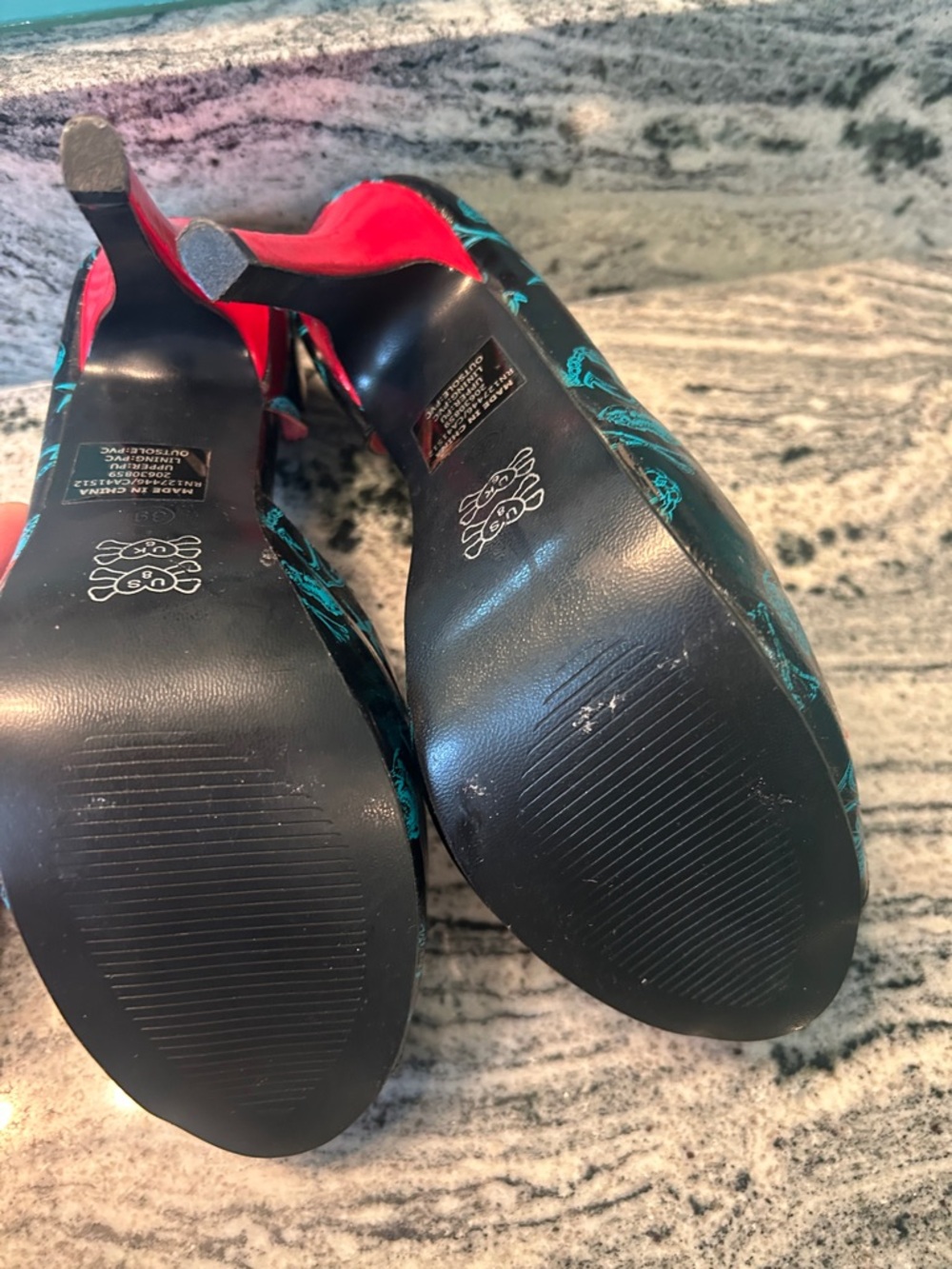 Iron Fist Black and Red Peep-Toe High Heels with Teal Accent - Picture 4 of 4